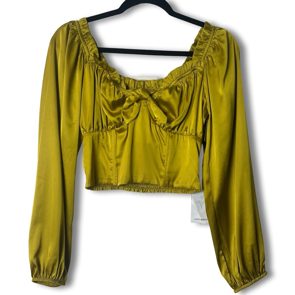 Lily White - Juniors Satin Smocked Crop Top Chartreuse  Yellow‎ NWT - Sz. L